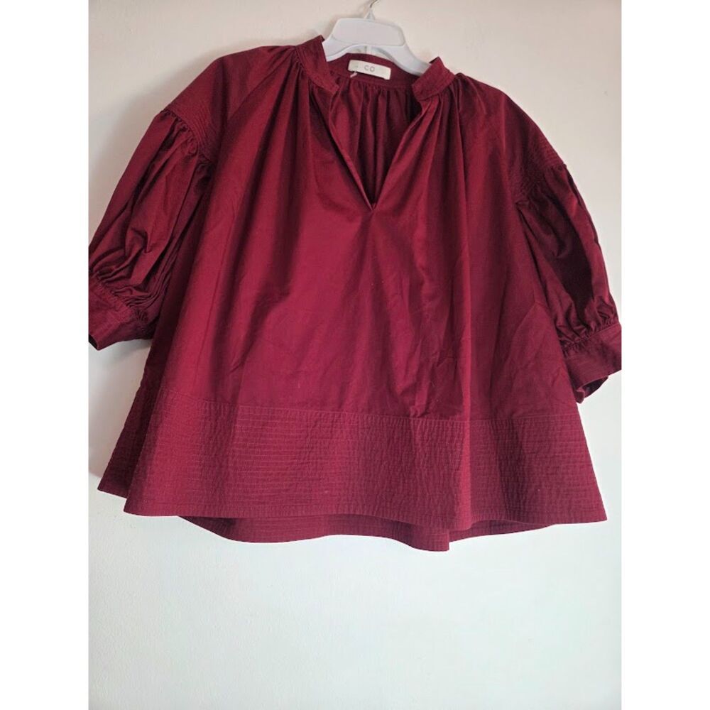 CO Women Dark Red V-Neck Puff Sleeve Poplin 100% Cotton Boxy Blouse size Small - Picture 2 of 9